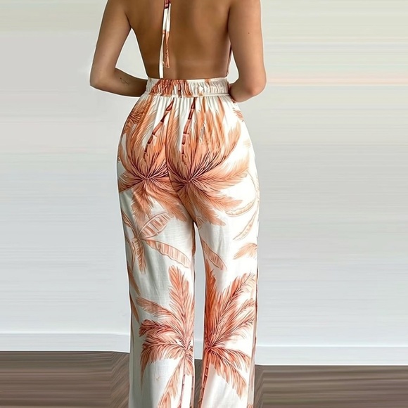 Tropical Print Halter Jumpsuit - Size L - Picture 2 of 2